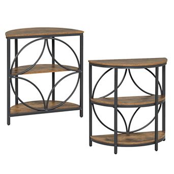 Set of 2 Compact Half Round End Table Set with 3 Shelves for Apartment Entryway