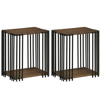 2 Pack 2 tier Side Table Metal Frame Nightstand Open Shelf Rubber Wood