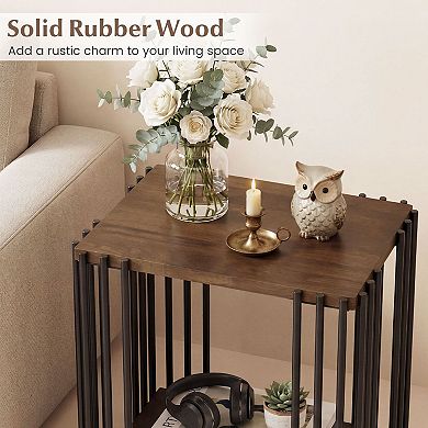 2 Pack 2-Tier Side Table Metal Frame Nightstand Open Shelf Rubber Wood