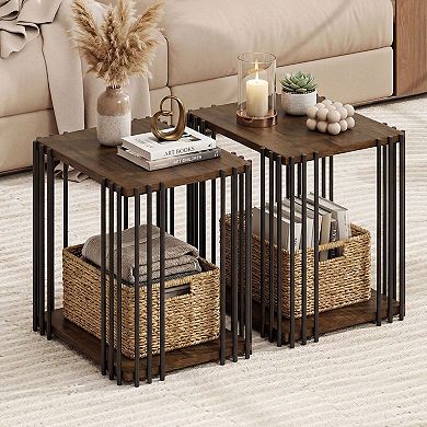 2 Pack 2-Tier Side Table Metal Frame Nightstand Open Shelf Rubber Wood