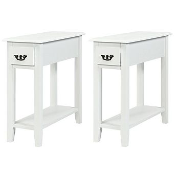 Set of 2 Slim Bedside Table with Storage Drawer and Lower Shelf Wood Veneer