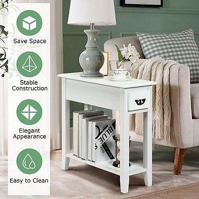 Set of 2 Slim Bedside Table with Storage Drawer and Lower Shelf Wood Veneer
