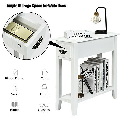 Set of 2 Slim Bedside Table with Storage Drawer and Lower Shelf Wood Veneer