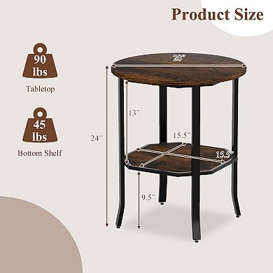 2-Tier Round Side Table with Carbon Steel Frame and Wood Shelf Storage