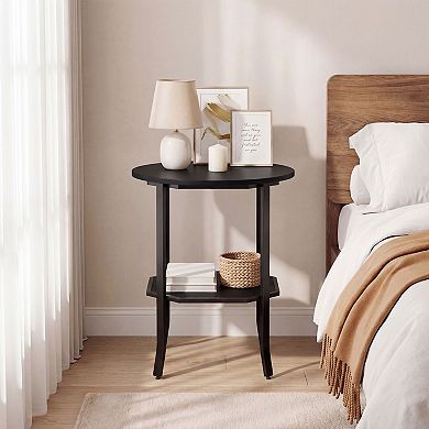 2-Tier Round Side Table with Carbon Steel Frame and Wood Shelf Storage