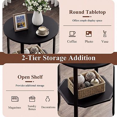 2-Tier Round Side Table with Carbon Steel Frame and Wood Shelf Storage