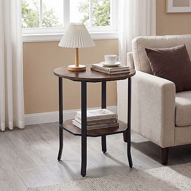 2-Tier Round Side Table with Carbon Steel Frame and Wood Shelf Storage