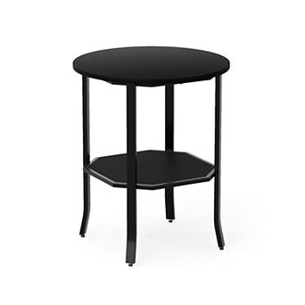 2 tier Round Side Table with Carbon Steel Frame and Wood Shelf Storage