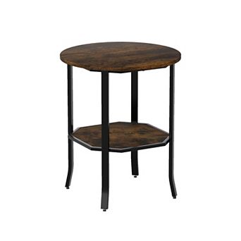 2 tier Round Side Table with Carbon Steel Frame and Wood Shelf Storage