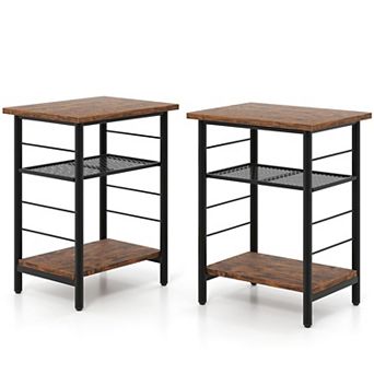 2 Pack 3 tier Side Tables Metal Frame Engineered Wood Storage Shelves