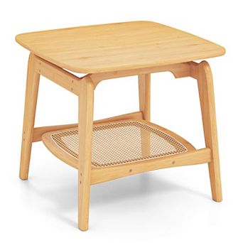 2 tier Wicker End Table with Storage Shelf, Small Rattan Table for Bedroom