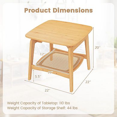 2-Tier Wicker End Table with Storage Shelf, Small Rattan Table for Bedroom