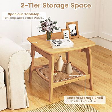 2-Tier Wicker End Table with Storage Shelf, Small Rattan Table for Bedroom
