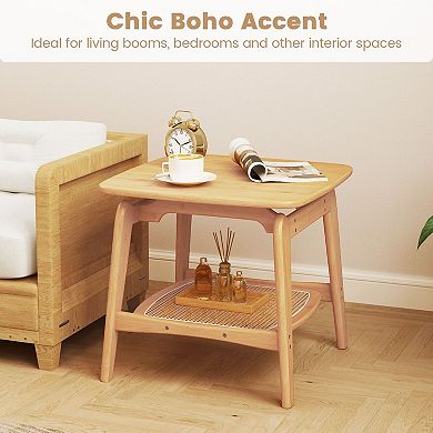 2-Tier Wicker End Table with Storage Shelf, Small Rattan Table for Bedroom
