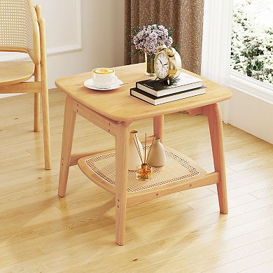 2-Tier Wicker End Table with Storage Shelf, Small Rattan Table for Bedroom