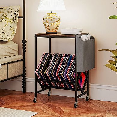 2-Tier Vinyl Record Player Stand with Side Magazine Holder, Mobile Audio Storage Table