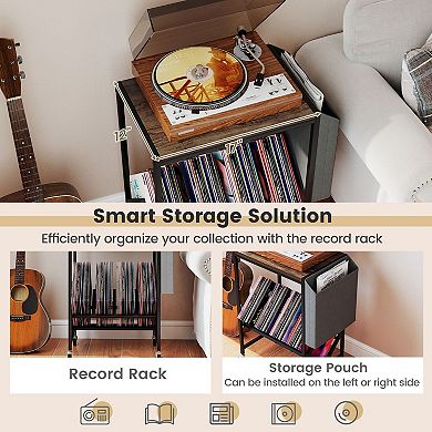 2-Tier Vinyl Record Player Stand with Side Magazine Holder, Mobile Audio Storage Table