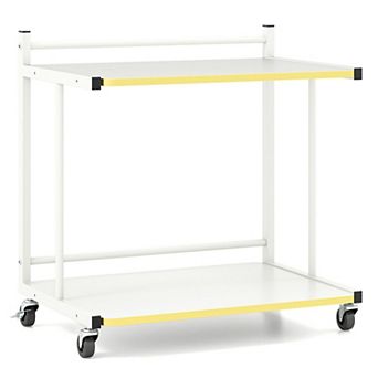 2 tier Rolling Sofa Side Table with Locking Casters, C-Frame Nightstand with Storage Shelves