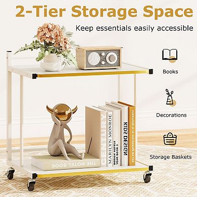 2-Tier Rolling Sofa Side Table with Locking Casters, C-Frame Nightstand with Storage Shelves