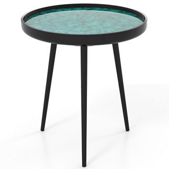 Round End Table Sea Shell Inlay Resin Top, Mahogany Wood Accent Table