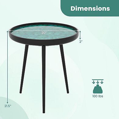 Round End Table Sea Shell Inlay Resin Top, Mahogany Wood Accent Table