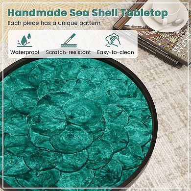 Round End Table Sea Shell Inlay Resin Top, Mahogany Wood Accent Table