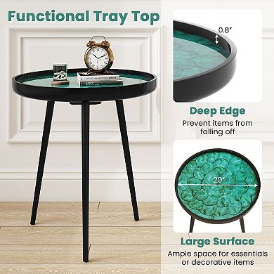 Round End Table Sea Shell Inlay Resin Top, Mahogany Wood Accent Table