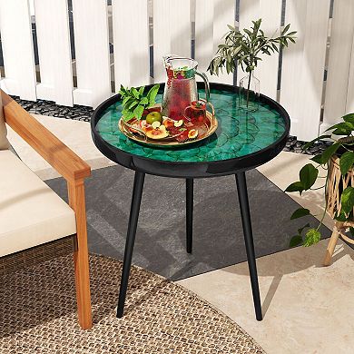 Round End Table Sea Shell Inlay Resin Top, Mahogany Wood Accent Table
