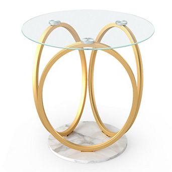 Modern Side Table with Glass Tabletop and Faux Marble Lower Shelf for Living Room