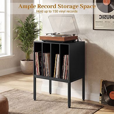 Turntable Stand with Power Outlets and 4-Section Vinyl Record Storage Cabinet