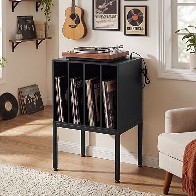 Turntable Stand with Power Outlets and 4-Section Vinyl Record Storage Cabinet