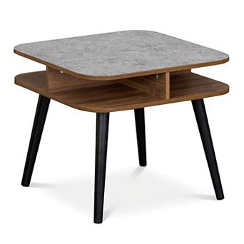 Square Side Table with Faux Marble Top and 4-Sided Open Storage Shelves for Living Room