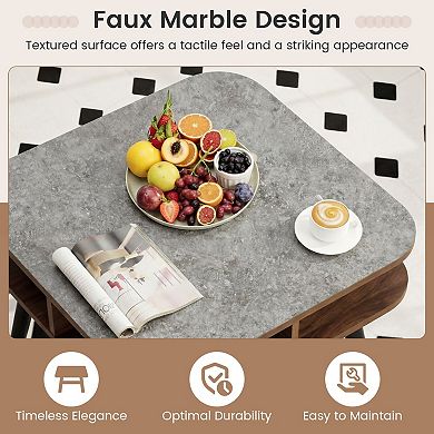 Square Side Table with Faux Marble Top and 4-Sided Open Storage Shelves for Living Room