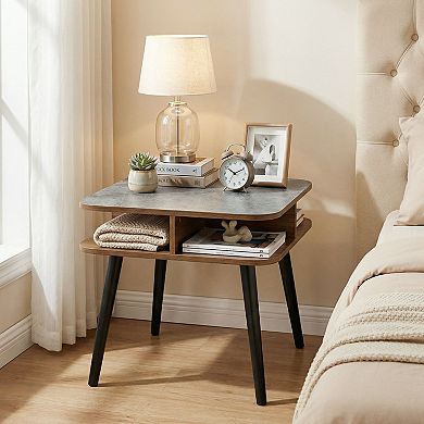 Square Side Table with Faux Marble Top and 4-Sided Open Storage Shelves for Living Room