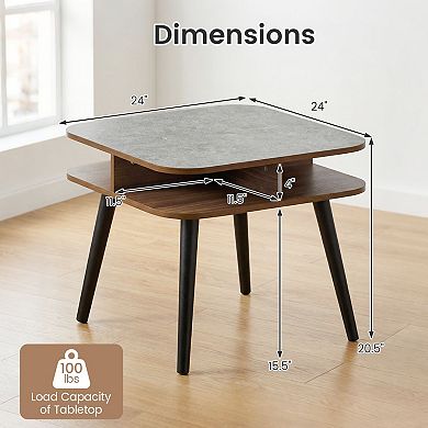 Square Side Table with Faux Marble Top and 4-Sided Open Storage Shelves for Living Room