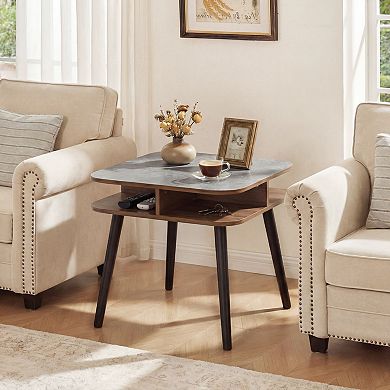 Square Side Table with Faux Marble Top and 4-Sided Open Storage Shelves for Living Room