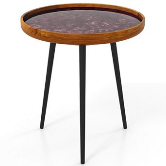 Round End Table with Sea Shell Top and Wood Base for Living Room and Bedroom
