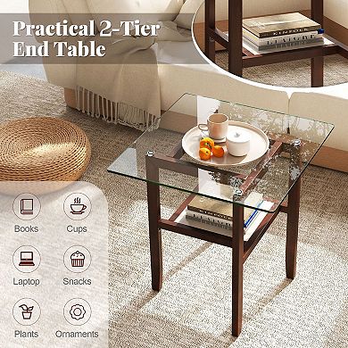 2-Tier Square Coffee Table with Tempered Glass Top and Lower Storage Shelf for Living Rooms