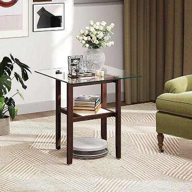 2-Tier Square Coffee Table with Tempered Glass Top and Lower Storage Shelf for Living Rooms