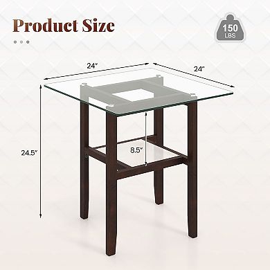 2-Tier Square Coffee Table with Tempered Glass Top and Lower Storage Shelf for Living Rooms