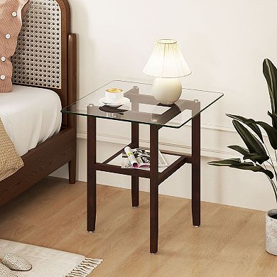 2-Tier Square Coffee Table with Tempered Glass Top and Lower Storage Shelf for Living Rooms