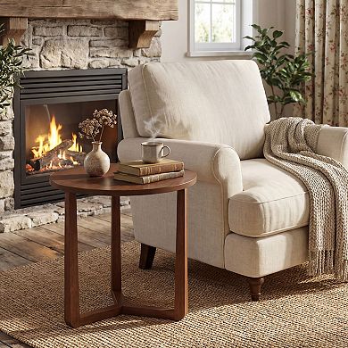 Modern Round Accent Table with Wood-Look Finish for Sofa Side and Bedside Use