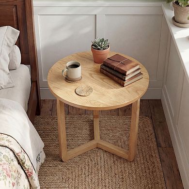 Modern Round Accent Table with Wood-Look Finish for Sofa Side and Bedside Use