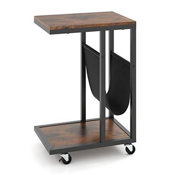 Rolling C-Shaped End Table with Storage, Small Sofa Side Table for Bedroom or Living Room