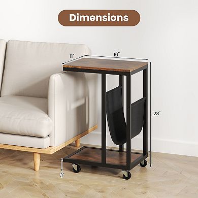 Rolling C-Shaped End Table with Storage, Small Sofa Side Table for Bedroom or Living Room