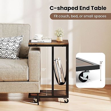 Rolling C-Shaped End Table with Storage, Small Sofa Side Table for Bedroom or Living Room