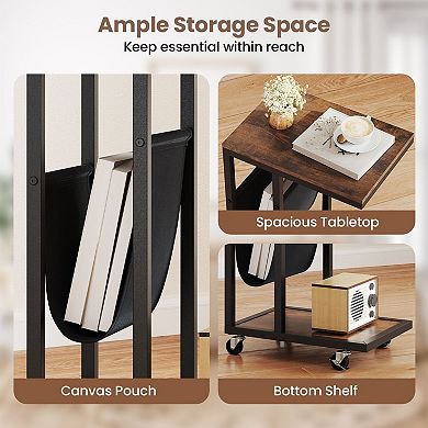 Rolling C-Shaped End Table with Storage, Small Sofa Side Table for Bedroom or Living Room