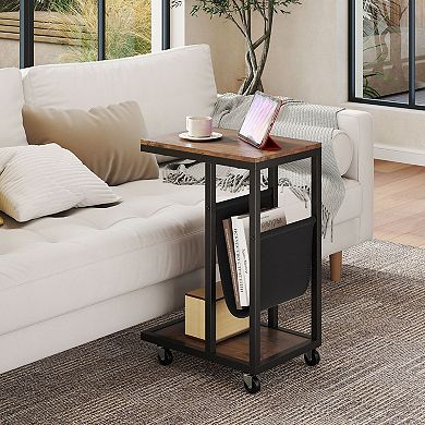 Rolling C-Shaped End Table with Storage, Small Sofa Side Table for Bedroom or Living Room