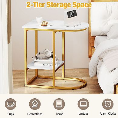 C-Shaped Sofa Side Table with Faux Marble Top and 2-Tier Storage Shelf for Living Room