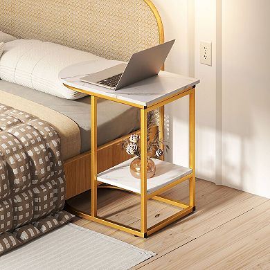 C-Shaped Sofa Side Table with Faux Marble Top and 2-Tier Storage Shelf for Living Room